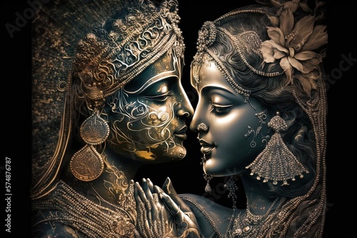 Radha krishna in love medium shot photography portrait of cosmic galactic Generative AI. symbol of Devine Love. Art Print For Home Decor hindu couple on abstract decorative background photo