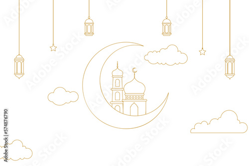 Outline Islamic Background design template for ramadan, eid alfitr, isra mi’raj, and islamic new year with mosque, Lantern, moon, and star.