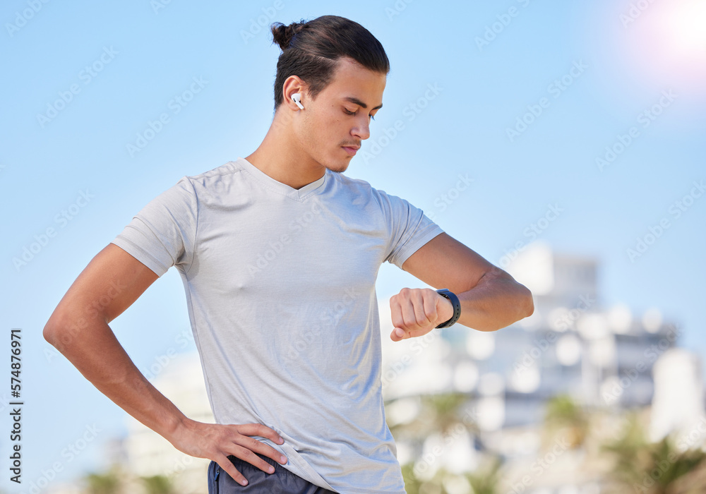 Exercise, smartwatch and man checking running, health and cardio progress while training in a city. Digital, heart and pulse tracker for guy runner outdoor for performance, monitor and fitness app Exercise, smartwatch and man checking running, health and cardio progress while training in a city. Digital, heart and pulse tracker for guy runner outdoor for performance, monitor and fitness app