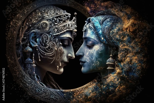 Radha krishna in love medium shot photography portrait of cosmic galactic Generative AI. symbol of Devine Love. Art Print For Home Decor hindu couple on abstract decorative background