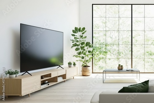 Japanese living room smart TV mockup on white wall. Generative AI