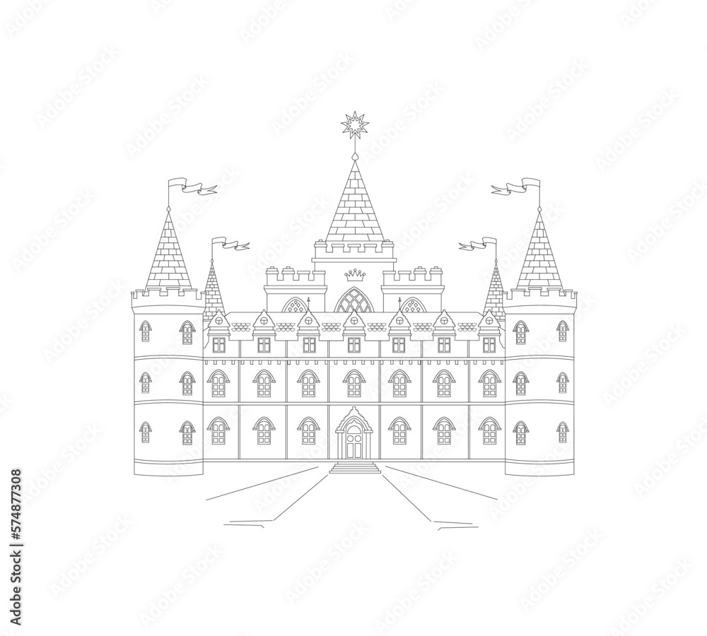 Castle with towers, flags, central star. use: decoration, postcard, coloring, wood carving layout, wood burning, paper cutting, wall painting, clothing print, poster. vector outline illustration. 