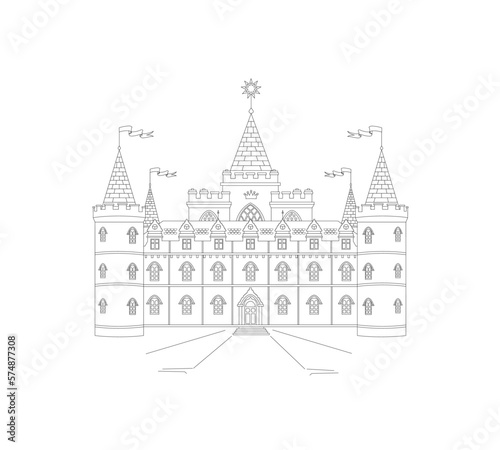 Castle with towers, flags, central star. use: decoration, postcard, coloring, wood carving layout, wood burning, paper cutting, wall painting, clothing print, poster. vector outline illustration. 