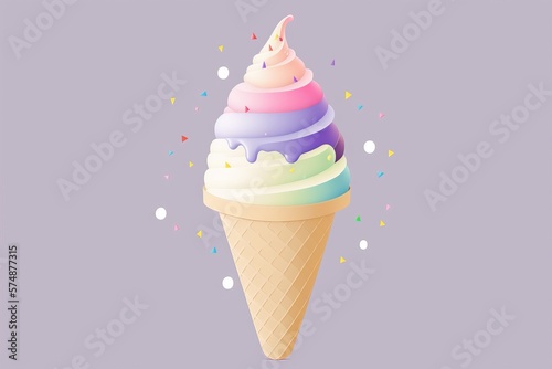 Minimalist 2D illustration of a creamy and dreamy lavender-colored soft-serve ice cream cone topped with rainbow sprinkles | soft pop | generative AI