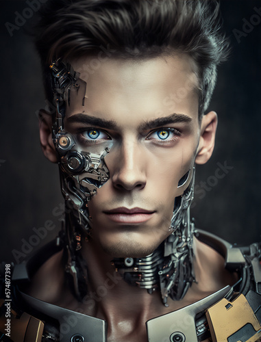An attractive man as half-robot or a humanoid android with artificial intelligence parts or a technological upgrade as human evolution, mechanical body parts. Generative AI