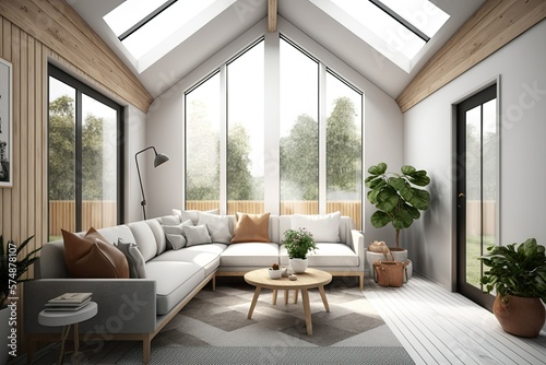 Illustration, Interior Scene, Mockup, Scandinavian Living Room, Skylight, and Garden. Generative AI © 2rogan