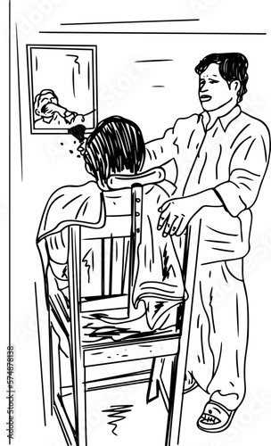 Sketch drawing of Old vintage barber doing shave in retro salon, line art illustration of old indian barber doing shave, Barber Shop retro drawing © Pankaj