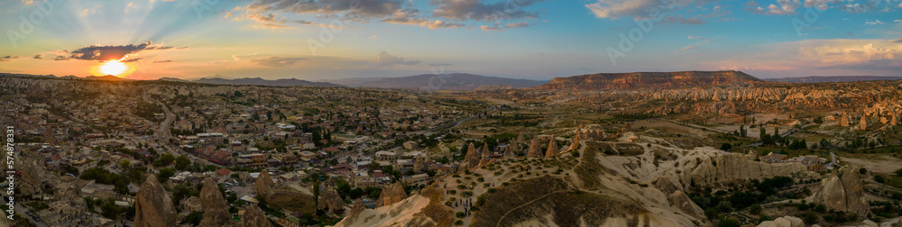 Wide panorama view of amazing Cappadocia at sunset