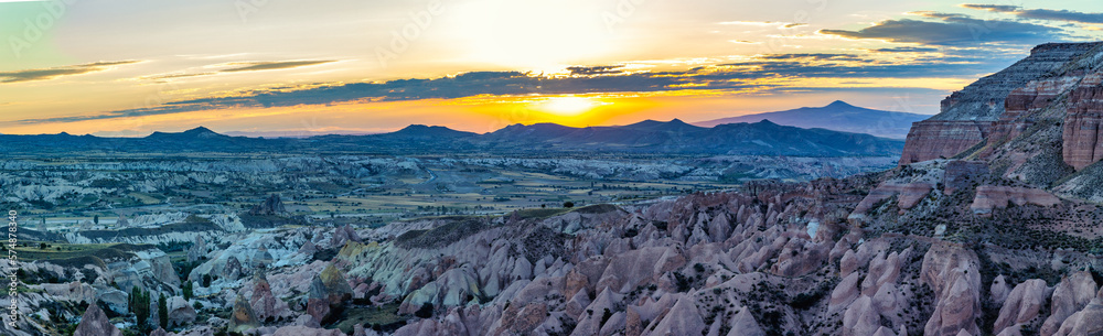 Panorama sunset view from popular view point in Red Valley, Cappadocia, Turkey