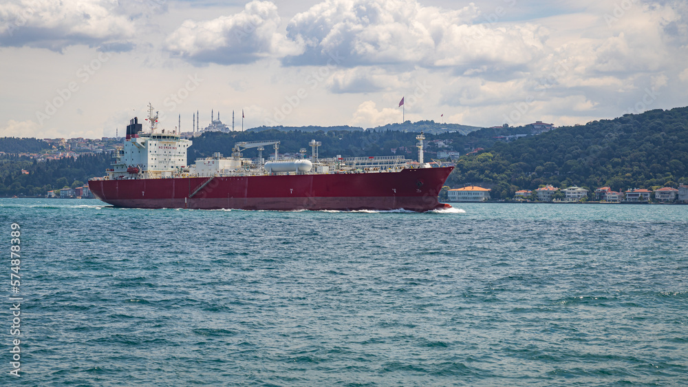 Huge gas tanker going through Bosphorus strait in Istanbul, Turkey