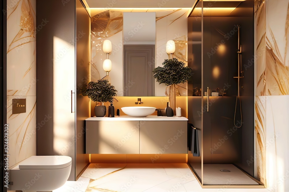 Φωτογραφία Luxus Badezimmer mit einem runden Spiegel und ein Waschbecken, mit warmen Farben sowie Tageslicht aus einem Fenster