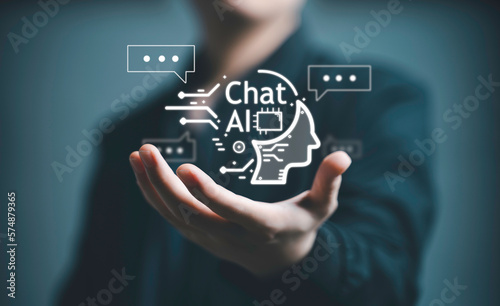 ChatBot Chat with AI, Artificial Intelligence. man chatting with a smart AI robot, artificial intelligence by enter command prompt for generates something, Futuristic technology transformation.
