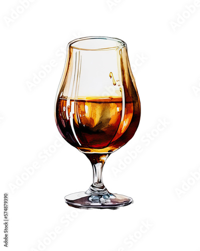 glass of cognac, transparent background, watercolor illustration, generative ai