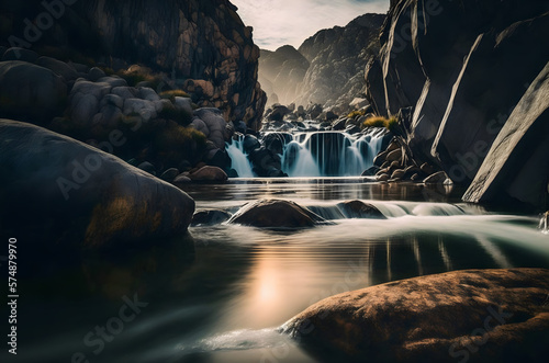 Long Exposure Photograph of a Flowing River with Waterfalls - Generative AI