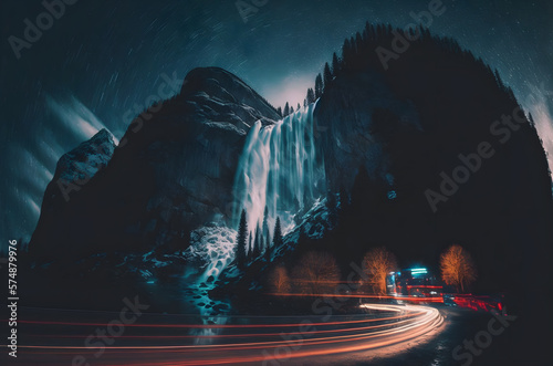 Long Exposure Photograph of Waterfall and Traffic - Generative AI
