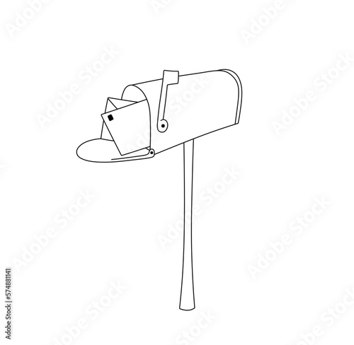Vector isolated one single open mailbox on a post with letters inside colorless black and white contour line easy drawing