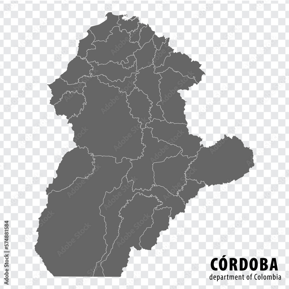 Blank map Cordoba Department of Colombia. High quality map Cordoba with municipalities on transparent background for your web site design, logo, app, UI. Colombia.  EPS10.