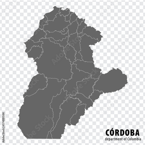 Blank map Cordoba Department of Colombia. High quality map Cordoba with municipalities on transparent background for your web site design, logo, app, UI. Colombia.  EPS10. photo
