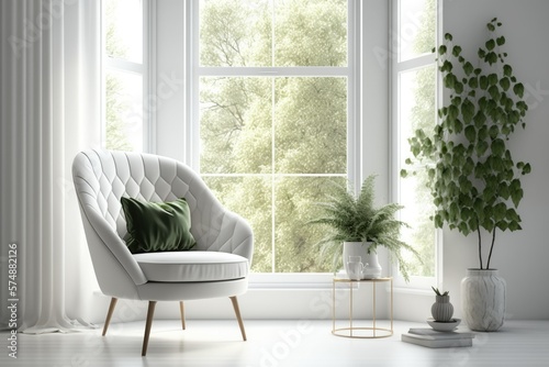 Chic white room with a chair and a green outlook. Scandinavian decor. Generative AI
