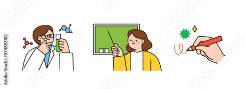 Education concept illustration. a person who does research. Teacher in front of the blackboard. hand writing.