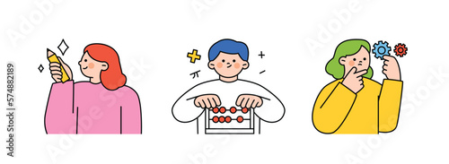 Education concept illustration. Students writing, counting on an abacus, holding gears and contemplating ideas.