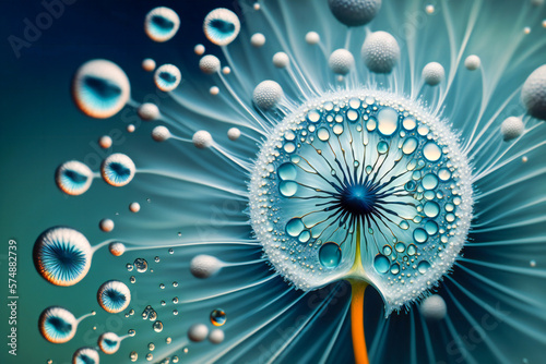 Dew drops on a dandelion plant macro. Created with Generative AI technology.