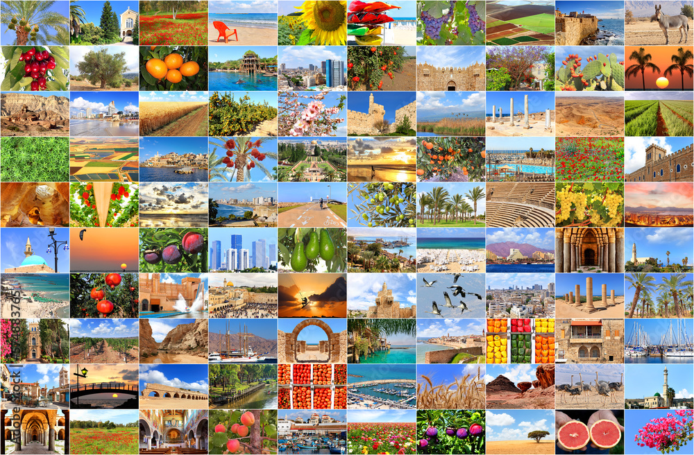 Israel. A country of three religions, nature and agriculture, sea and desert. Collage of our photos