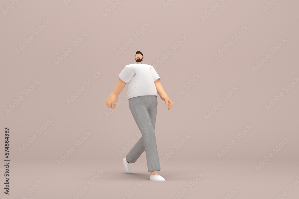 The man with beard wearinggray corduroy pants and white collar t-shirt. He is walking. 3d rendering of cartoon character in acting. The man with beard wearinggray corduroy pants and white collar t-shirt. He is walking. 3d rendering of cartoon character in acting.