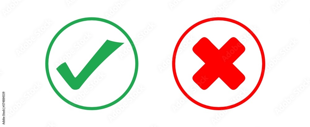 Green tick symbol and red cross in circle. Icon for evaluation quiz, isolated on white background. Green tick symbol and red cross in circle. Icon for evaluation quiz, isolated on white background.