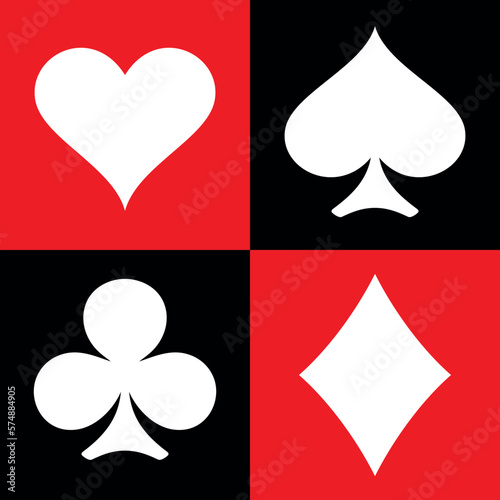 Seamless pattern of card suits. A symbol of a deck of playing cards or gambling games (poker, bridge). Four card suits: spades, hearts, diamonds and clubs.
