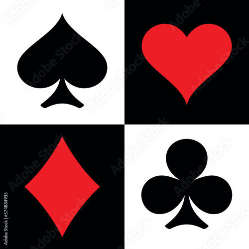 Seamless pattern of card suits. A symbol of a deck of playing cards or gambling games (poker, bridge). Four card suits: spades, hearts, diamonds and clubs.