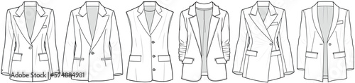 flat sketch set of womens blazer jacket technical cad drawing vector template