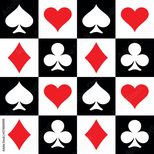 Seamless pattern of card suits. A symbol of a deck of playing cards or gambling games (poker, bridge). Four card suits: spades, hearts, diamonds and clubs.