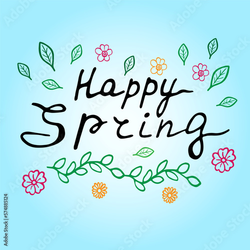 Vector illustration of happy spring lettering on blue background with decortive elements