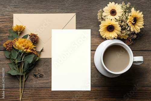 Mockup of a blank paper card with a cup of coffee and a vase of dried flowers on a wooden table. Top view of a flat lay. Generative AI