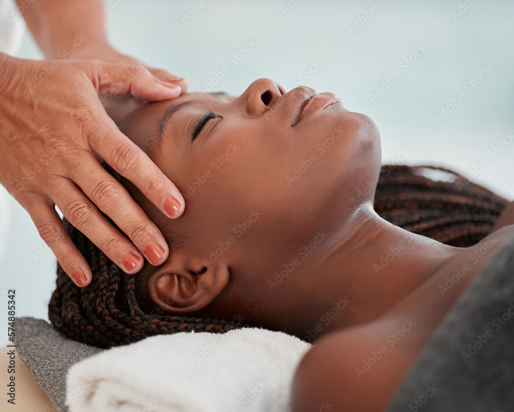 Facial massage, spa and black woman with skincare wellness, peace and calm for luxury treatment. Relax face or head of person and therapist hands for beauty, zen and healing, stress relief on table Facial massage, spa and black woman with skincare wellness, peace and calm for luxury treatment. Relax face or head of person and therapist hands for beauty, zen and healing, stress relief on table