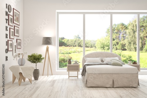 White lbedroom concept. Scandinavian interior design. 3D illustration
