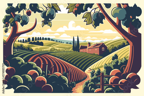 Evening view, Vineyard beautiful view from the hill, 2d vector drawing, 2d flat illustration.