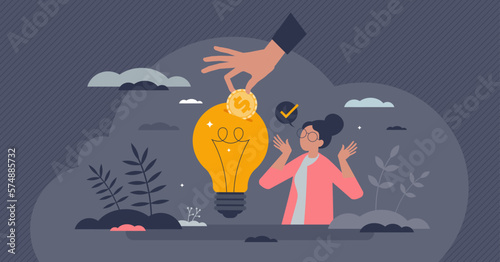 Venture capital as financial support for startup business tiny person concept. Risky investment in new company with innovative and perspective ideas vector illustration. Budget from crowd funding.