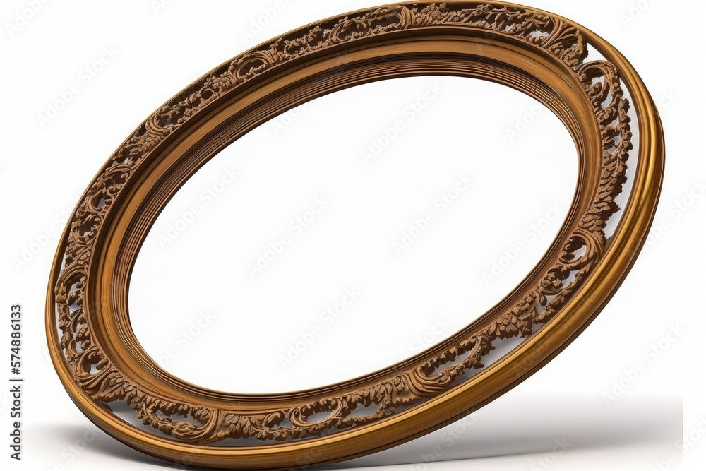 Obraz premium Perspective view of a wooden oval frame for artwork, a mirror, or a photo on a white background. Generative AI