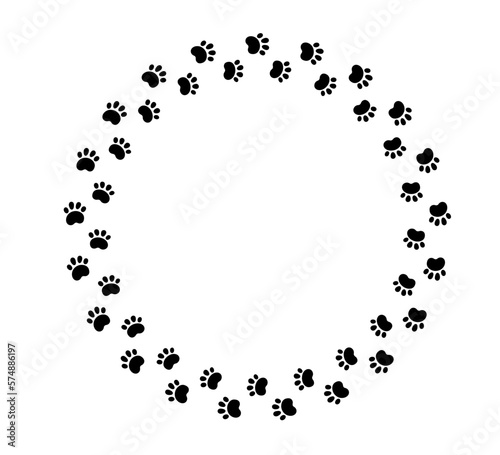 Dog paw print circle frame. Cute cat pawprint frame. Pet foot trail border. Black dog step silhouette. Simple doodle drawing. Vector illustration isolated on white background.