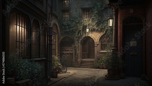 Victorian alley at night with traditional cobble road  buildings and lamps. Generative AI