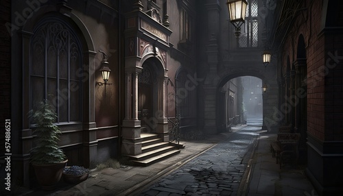 Victorian alley at night with traditional cobble road, buildings and lamps. Generative AI