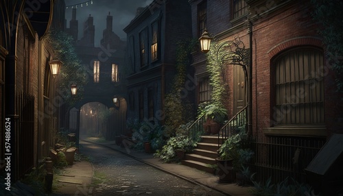 Victorian alley at night with traditional cobble road  buildings and lamps. Generative AI
