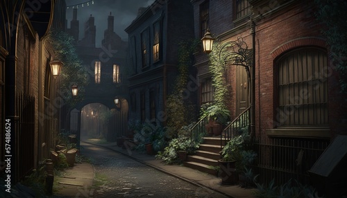 Victorian alley at night with traditional cobble road, buildings and lamps. Generative AI