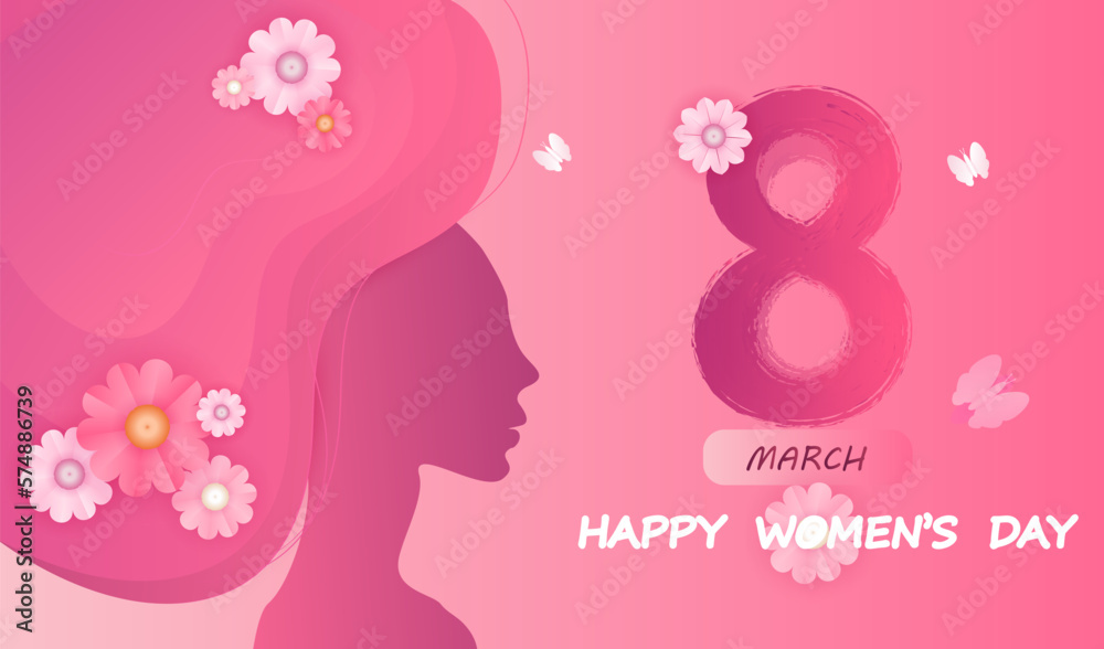 Happy women's day 8 march vector background with paper cut flowers hair and women face. International female holiday pink illustration. Spring design. Happy women's day 8 march vector background with paper cut flowers hair and women face. International female holiday pink illustration. Spring design.