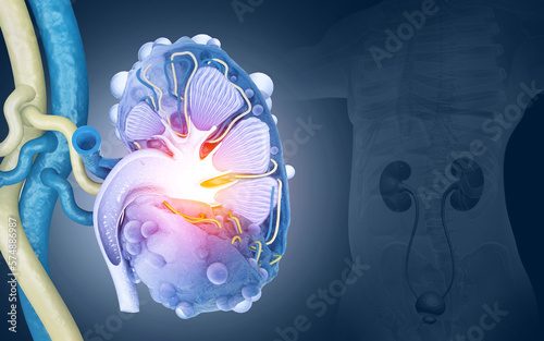 Diagram showing human polycystic kidney disease. 3d illustration photo