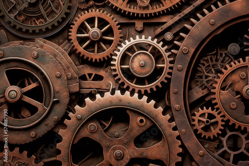 Vintage rusty Machinery gears steampunk background. Generative AI photo