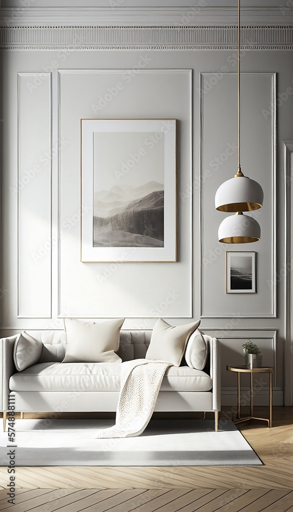 A small yet stylish light gray living room with a high ceiling and