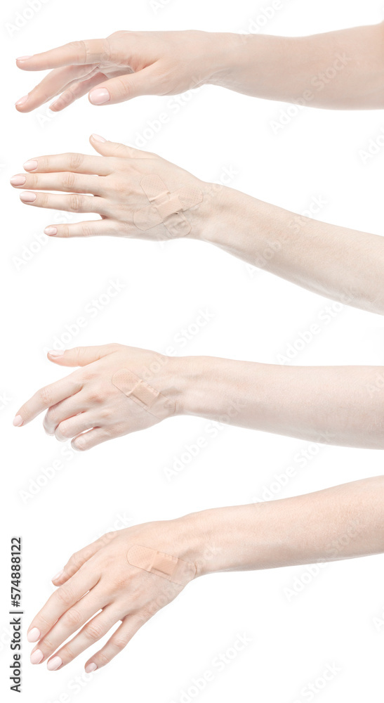 Collage female caucasian hands sticking medical adhesive wound plaster isolated white background. Set woman hands with surgical tape showing different gestures. first aid bandage